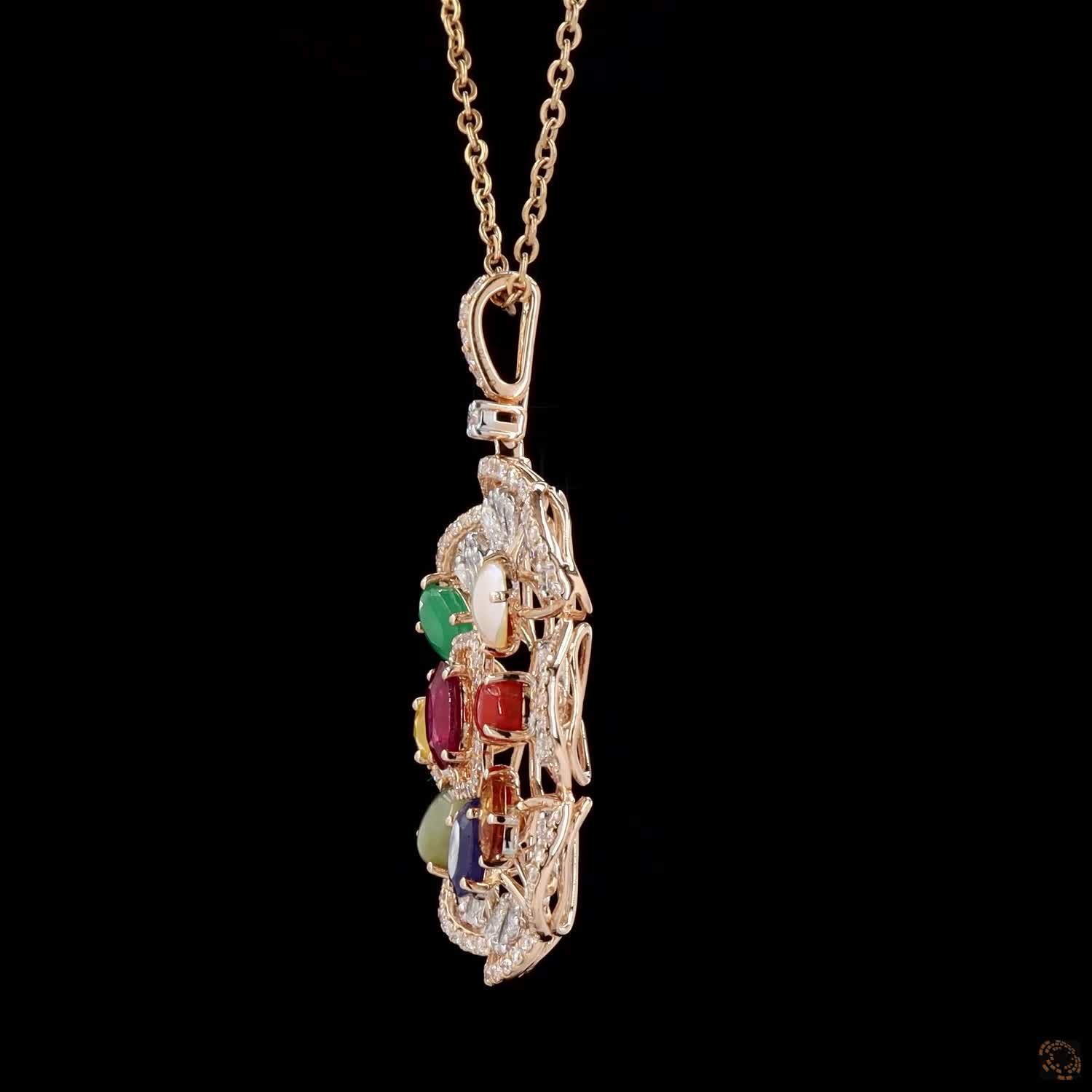 Navratna Stone & Navratna Stone Diamond Pendant Set in 18KT Rose Gold