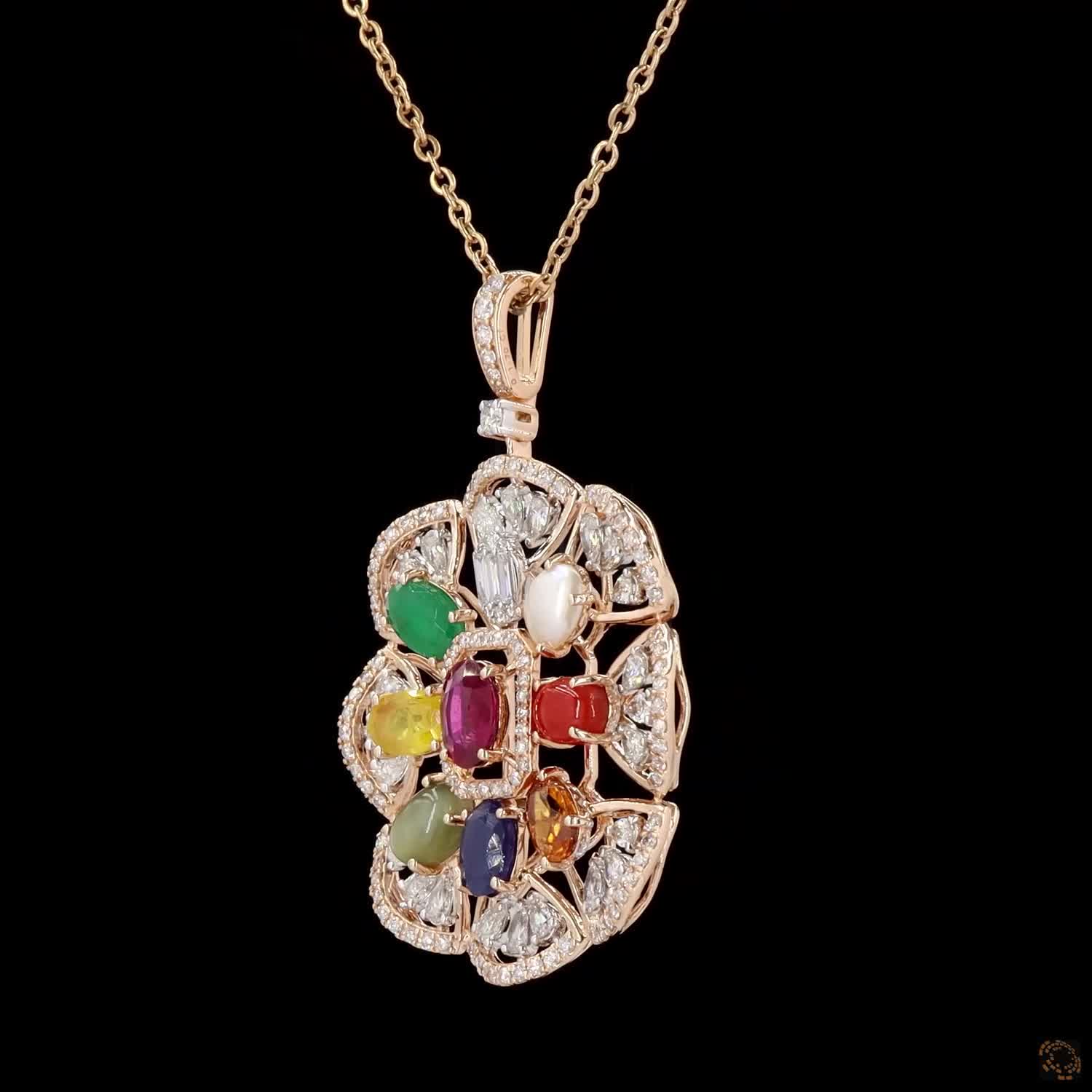 Navratna Stone & Navratna Stone Diamond Pendant Set in 18KT Rose Gold