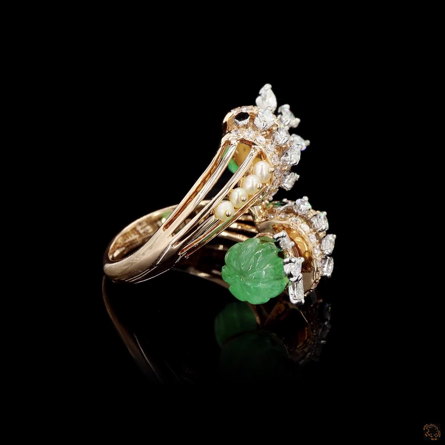 Emerald & Pearl Diamond Ring in 18KT Yellow Gold