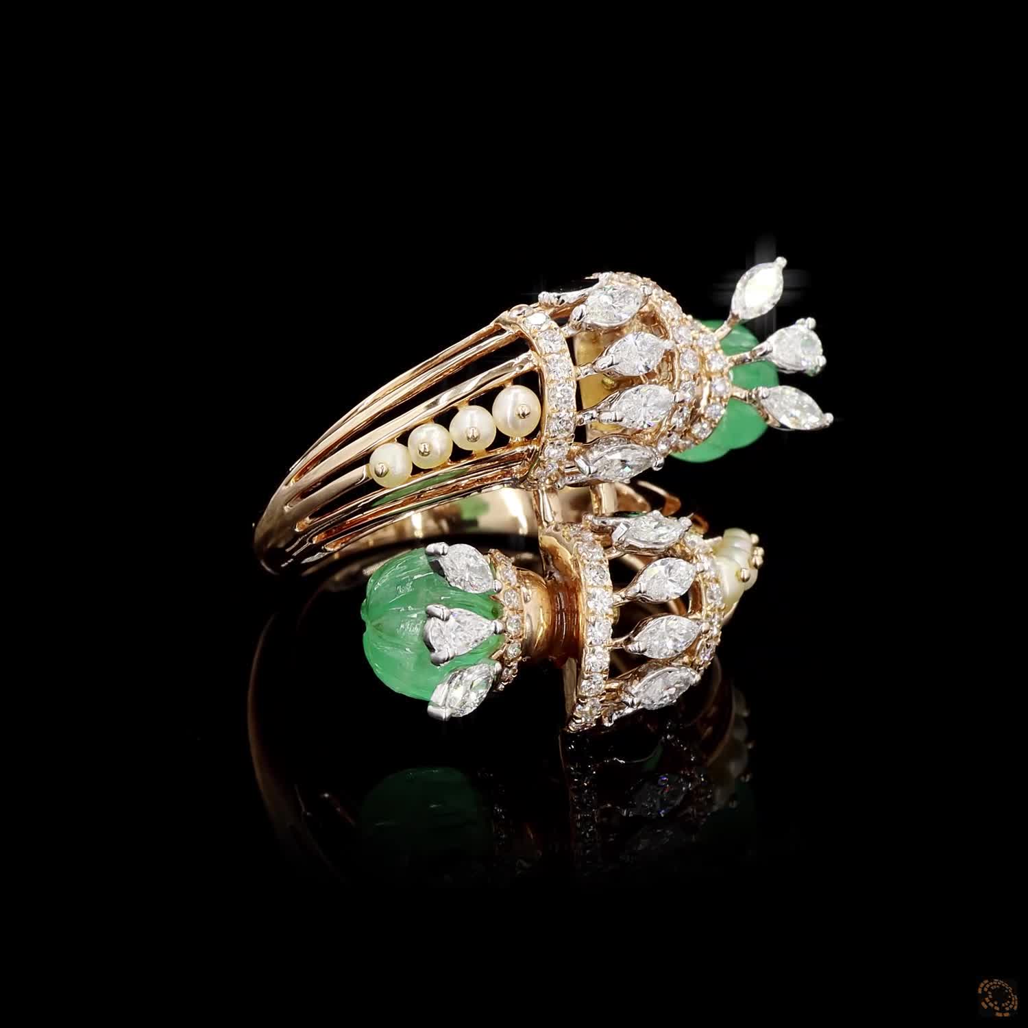 Emerald & Pearl Diamond Ring in 18KT Yellow Gold