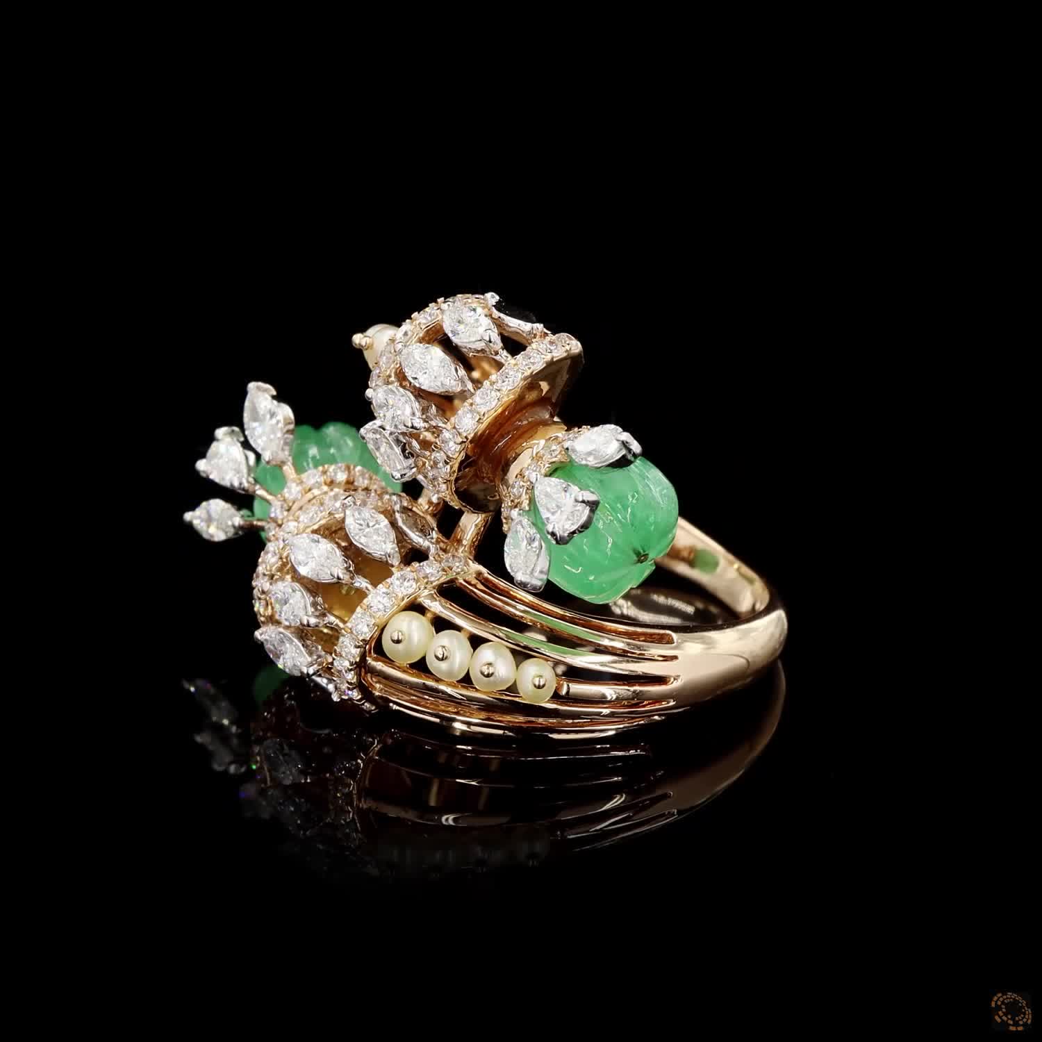 Emerald & Pearl Diamond Ring in 18KT Yellow Gold