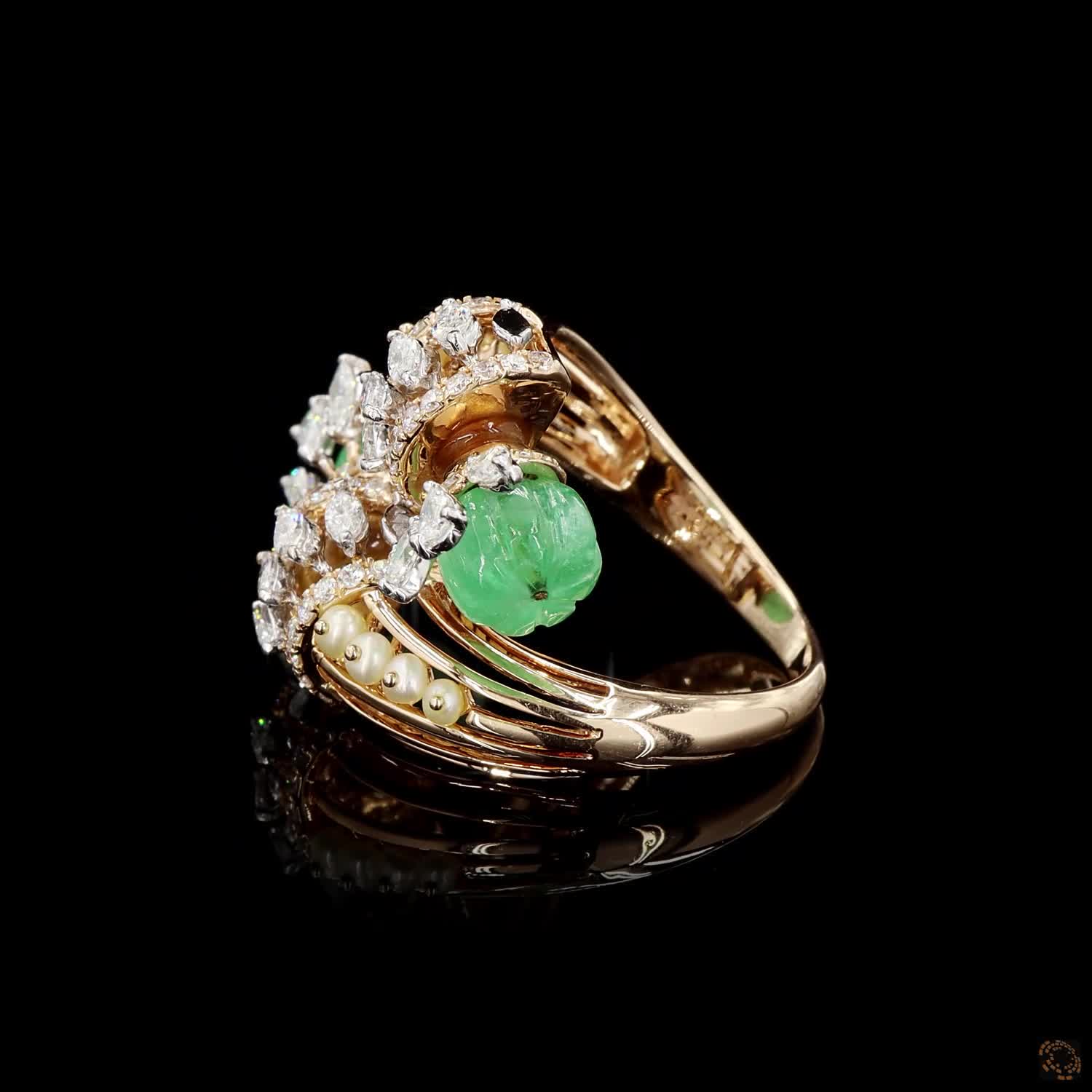 Emerald & Pearl Diamond Ring in 18KT Yellow Gold