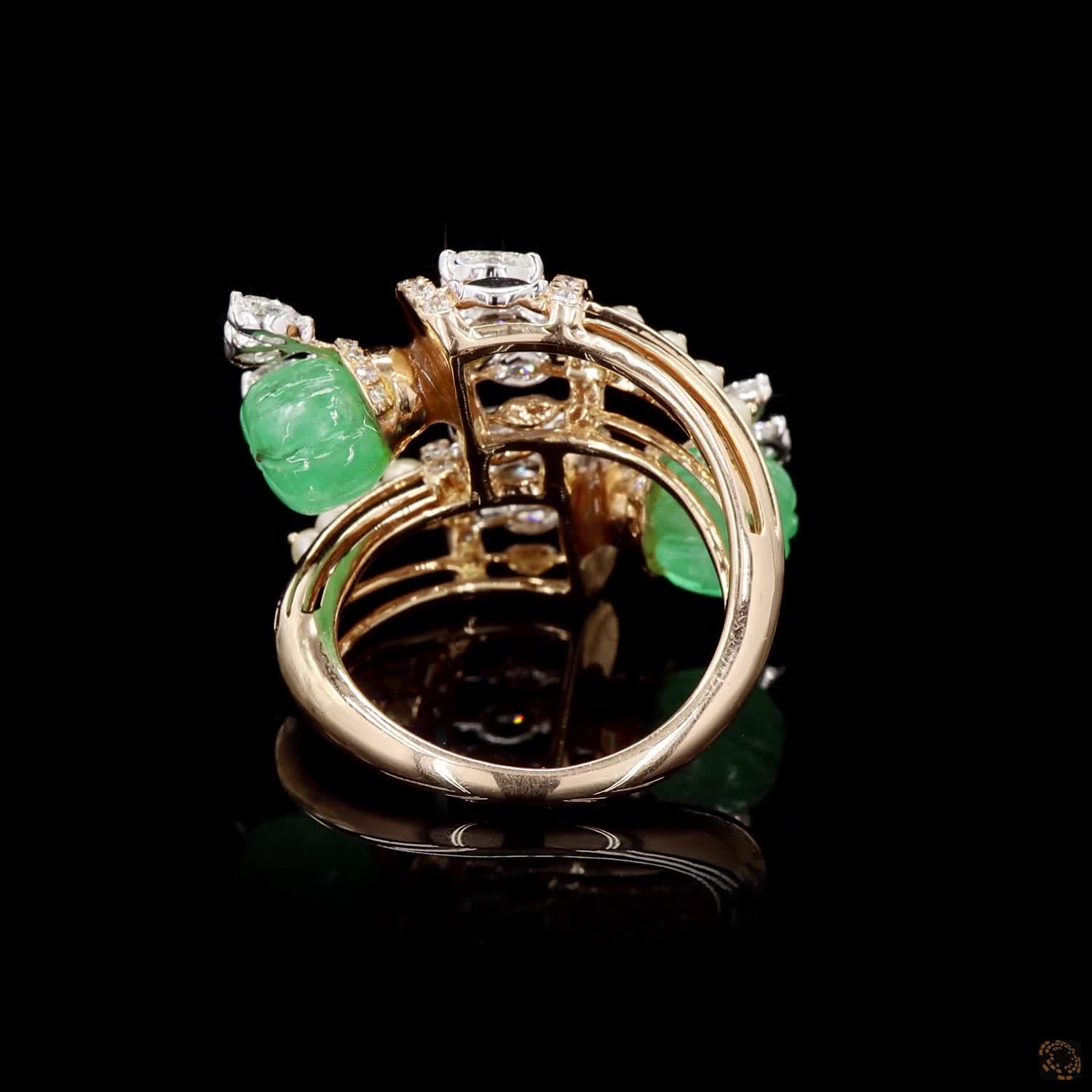 Emerald & Pearl Diamond Ring in 18KT Yellow Gold