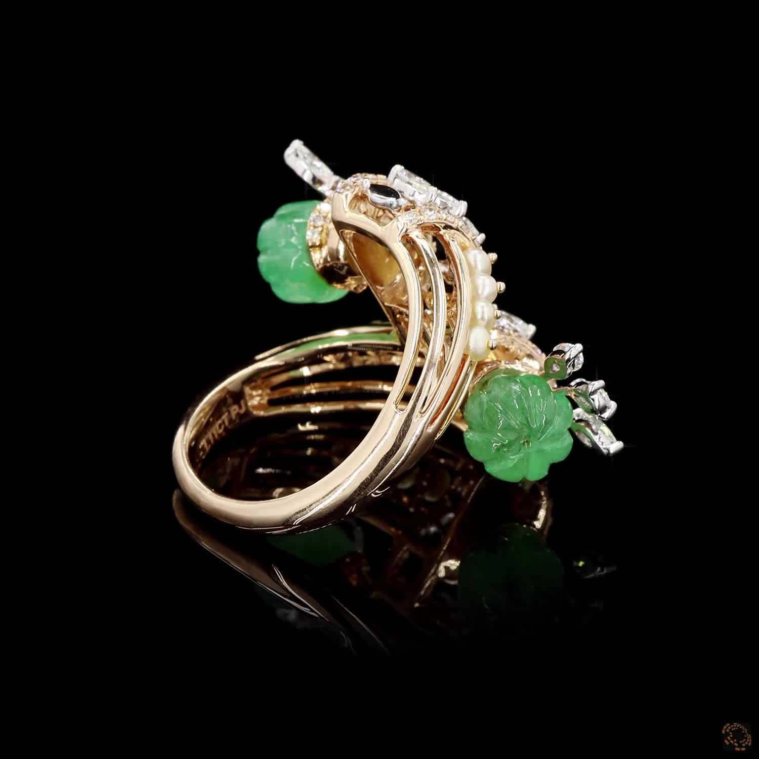Emerald & Pearl Diamond Ring in 18KT Yellow Gold