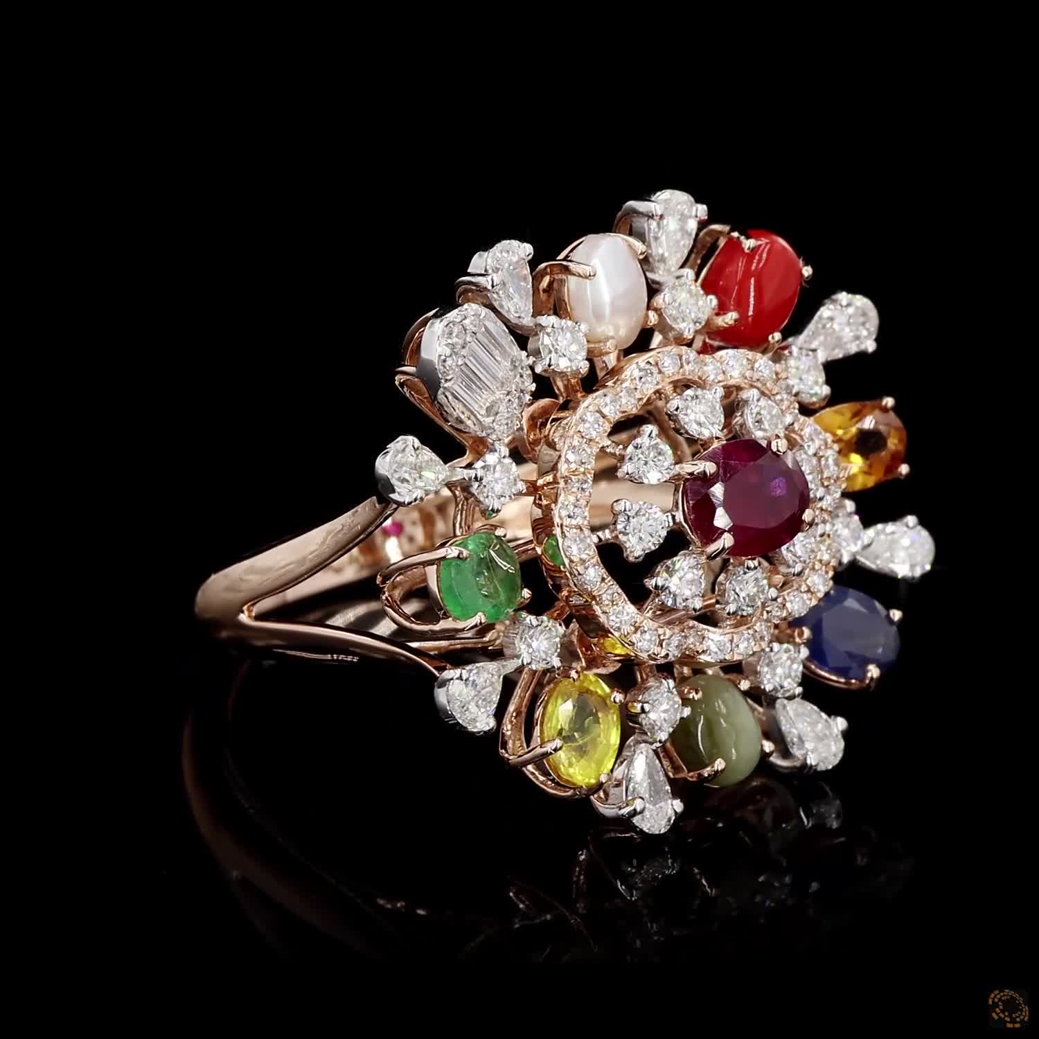 Navratna Stone Diamond Ring in 18KT Rose Gold