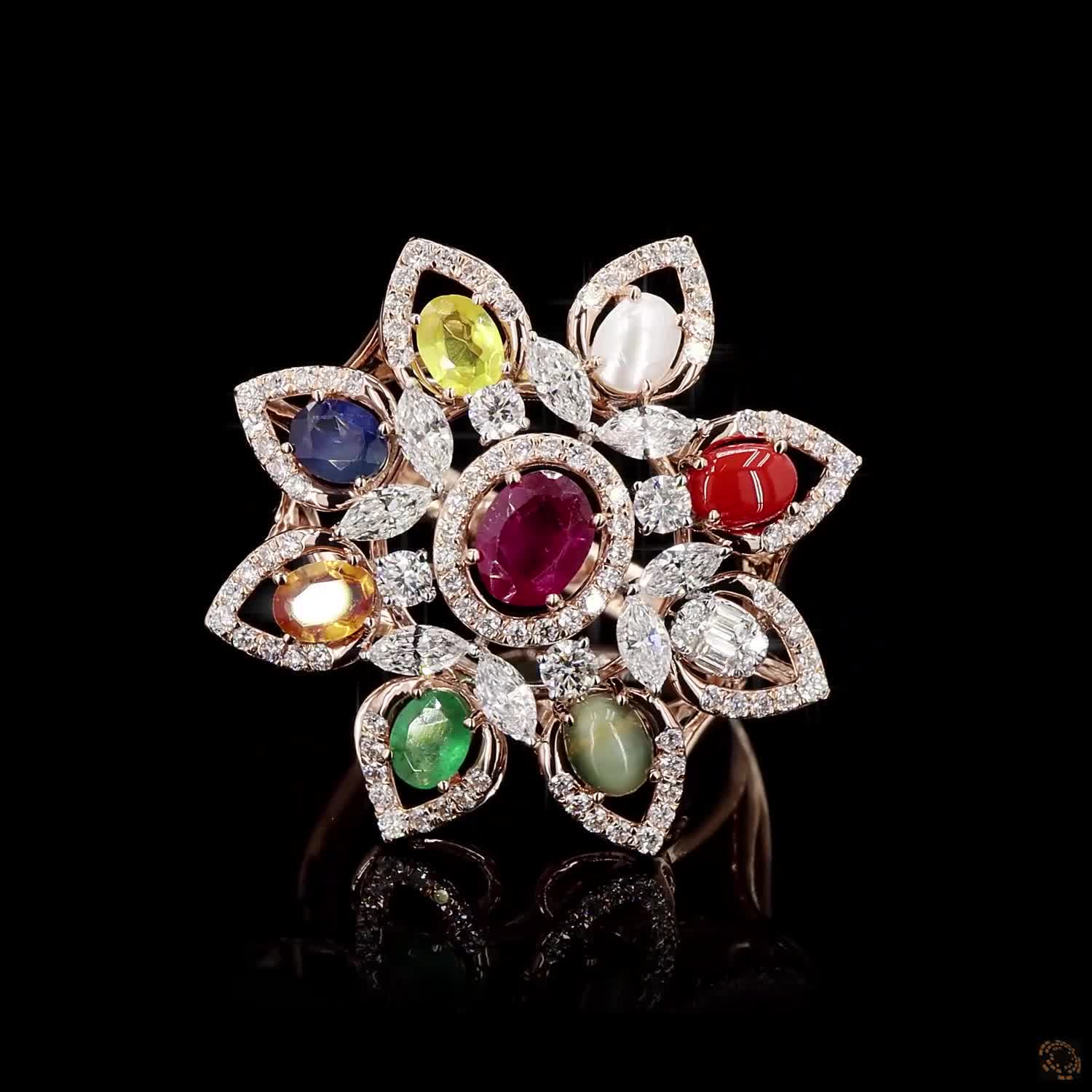 Navratna Stone Diamond Ring in 14KT Rose Gold