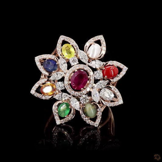 Navratna Stone Diamond Ring in 14KT Rose Gold