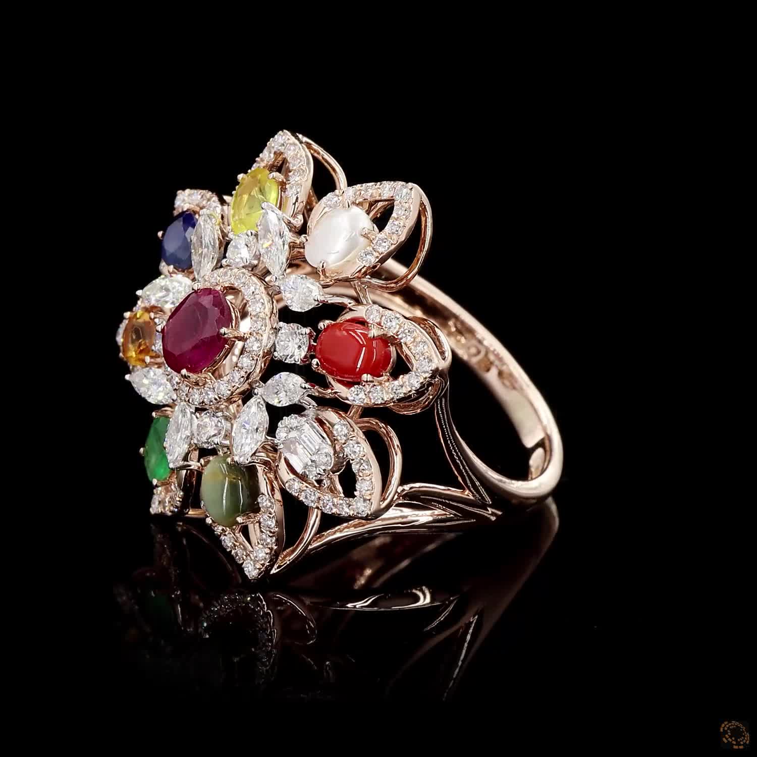 Navratna Stone Diamond Ring in 14KT Rose Gold