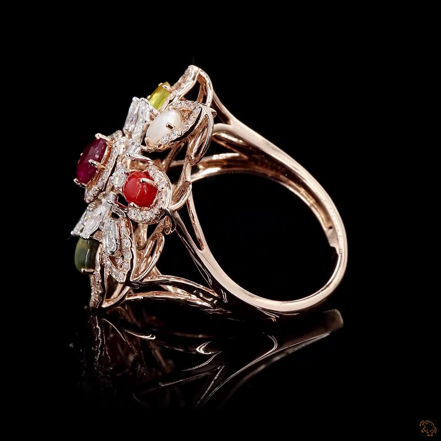 Navratna Stone Diamond Ring in 14KT Rose Gold