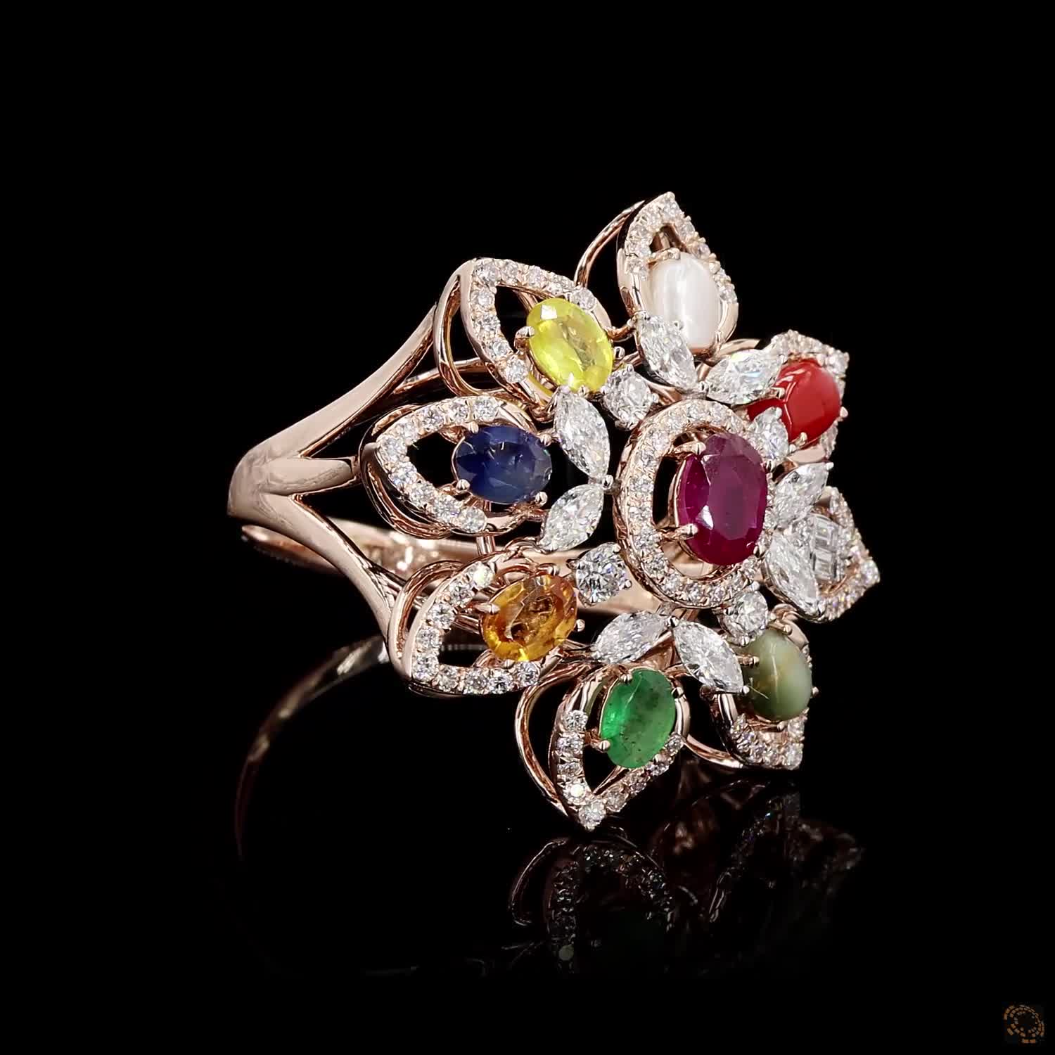 Navratna Stone Diamond Ring in 14KT Rose Gold