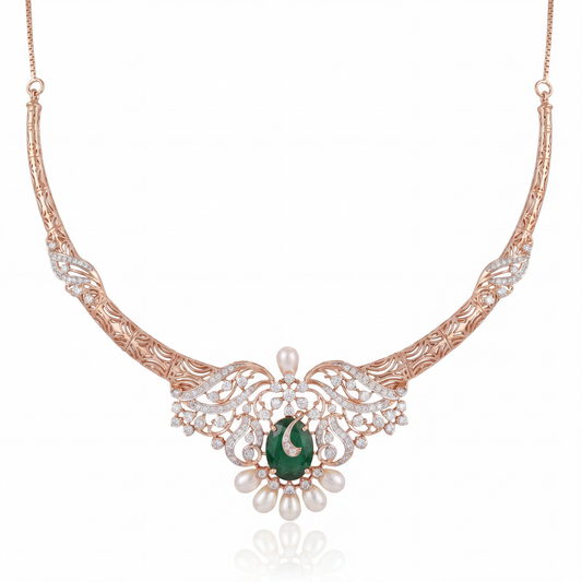 Rose Gold Natural Emerald, Diamond & Pearl Statement Necklace