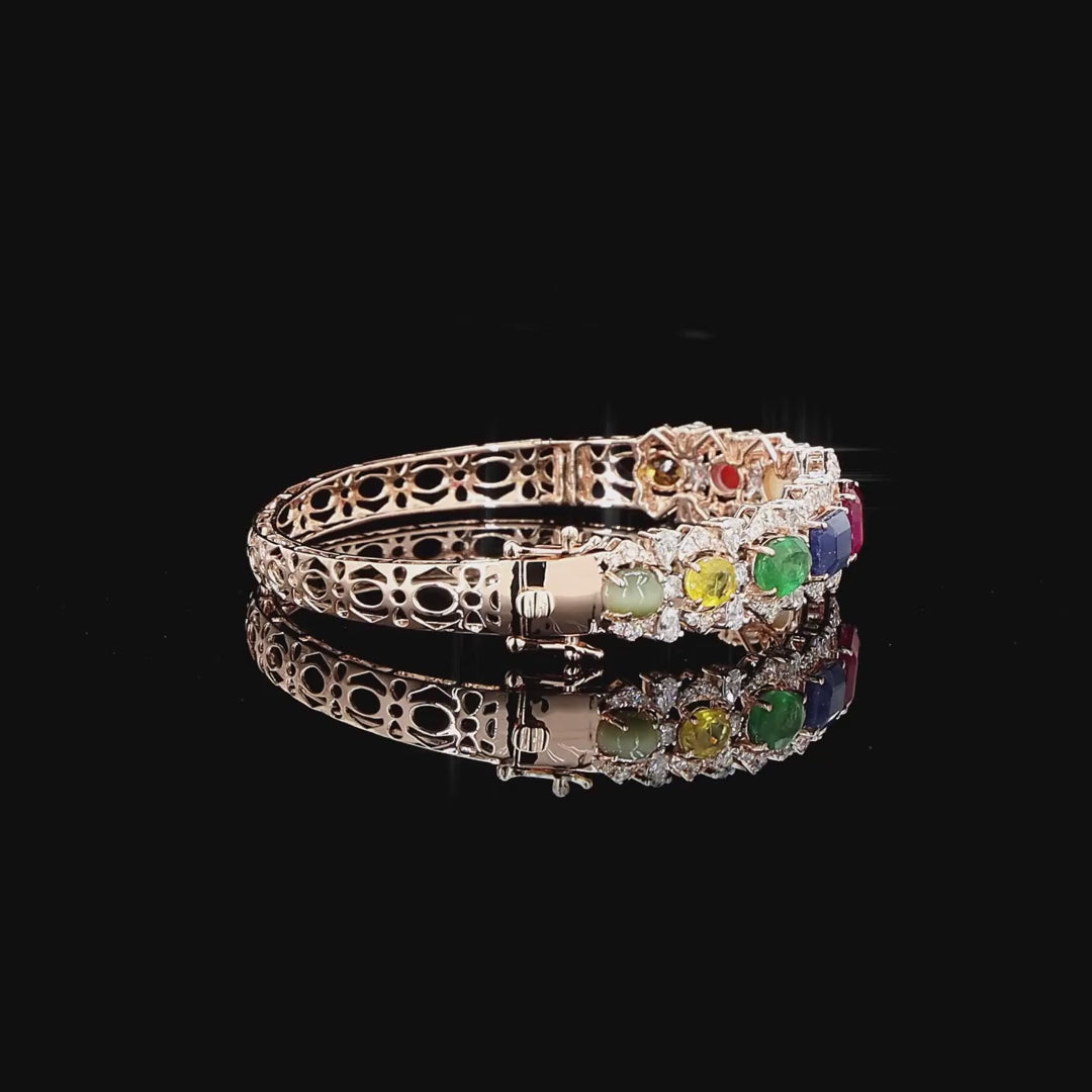 Navaratna Bracelet in Gold with Natural Round Diamonds & Nine Precious Gemstones