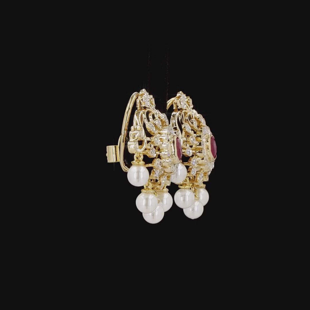 Traditional Ruby & Diamond Earrings with Pearl Drops