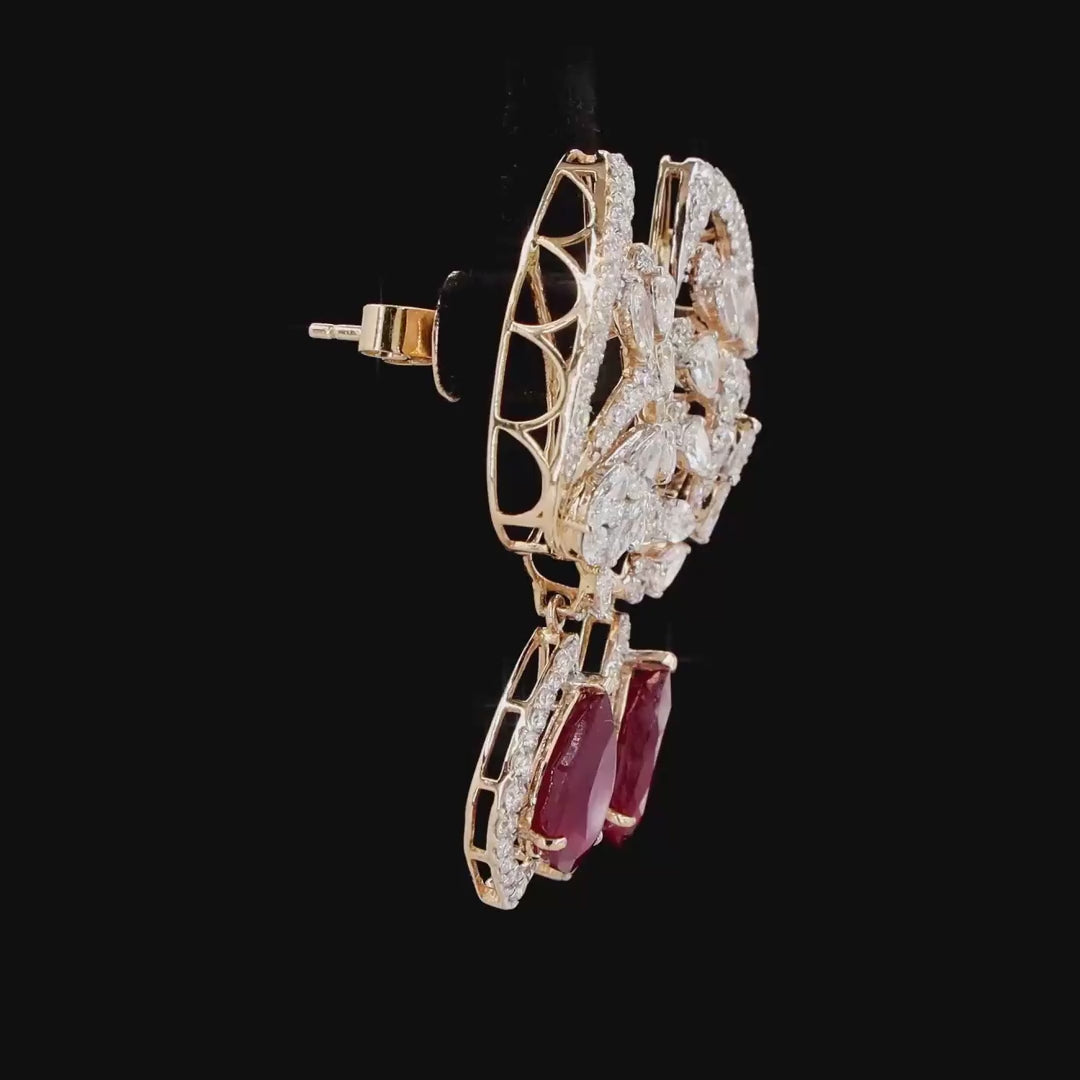 Designer Ruby Earrings in Gold | Natural Diamond Leaf Motif Drop Earrings