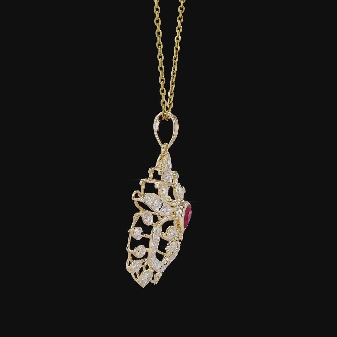 1.40 CTW Natural Diamond Statement Pendant | 18K Yellow Gold | Genuine Ruby