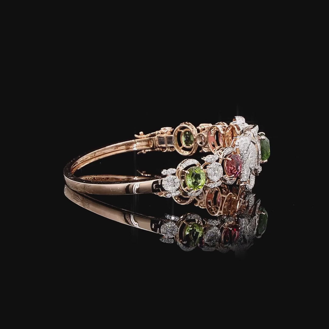Elephant Motif Bracelet in Gold with Natural Round Diamonds, Ruby & Green Emerald