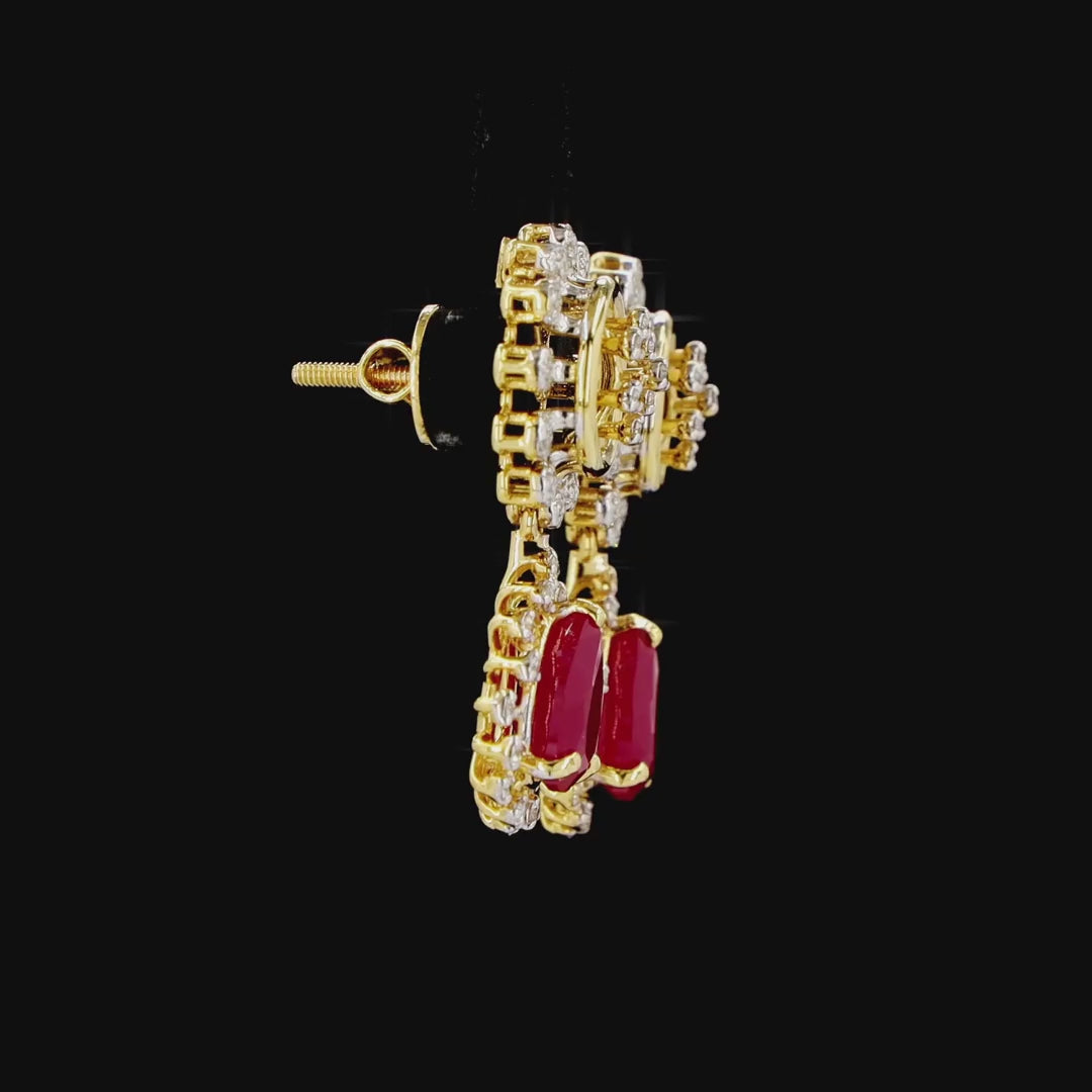 Floral Diamond & Pear Ruby Drop Earrings in Gold | Natural Round Diamond Necklace Set Earrings