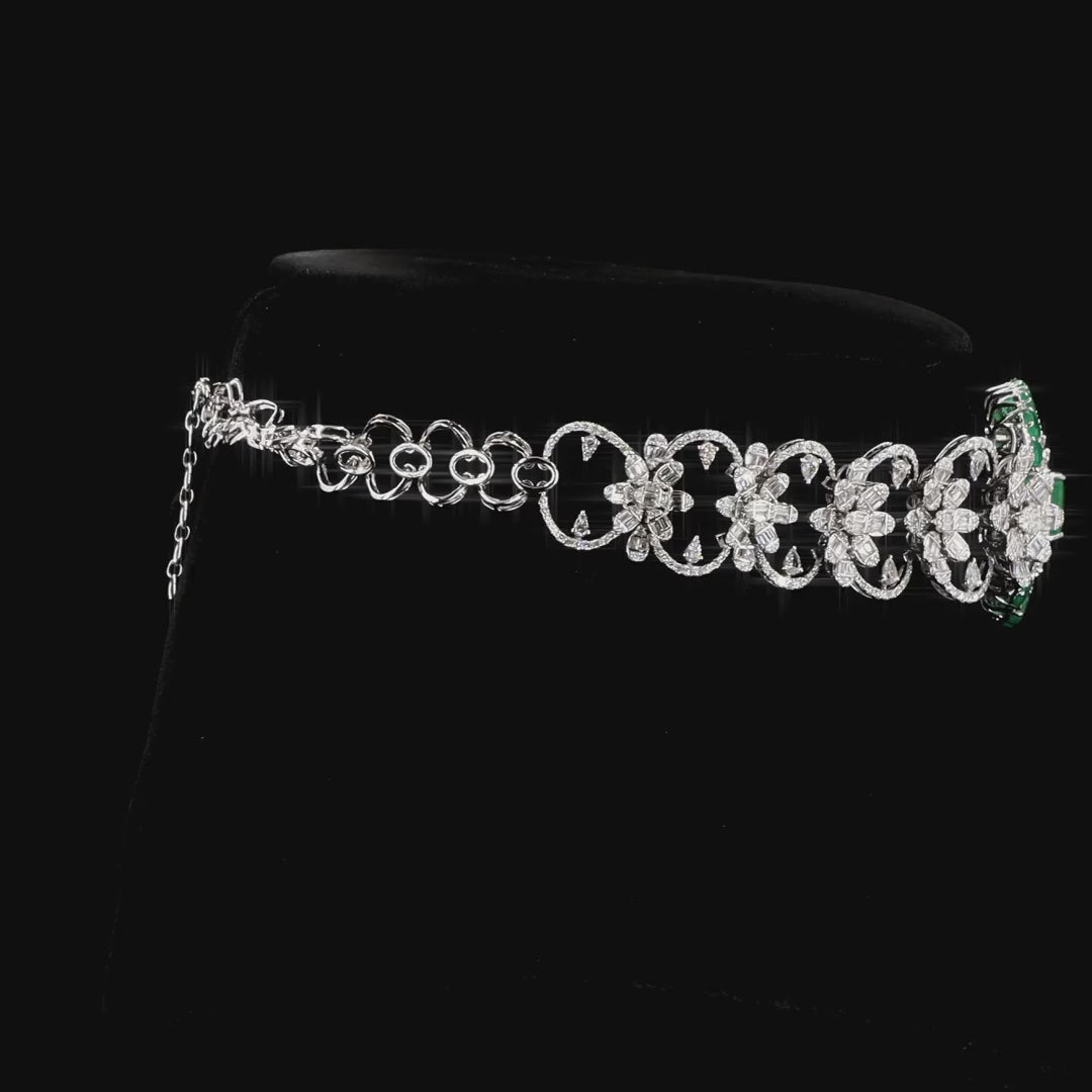 Natural Diamond & Emerald Gold Choker Necklace | Round, Pear & Baguette Diamonds with Green Emeralds