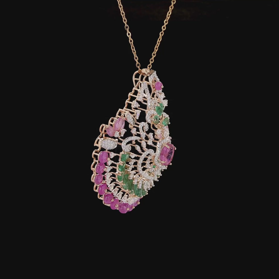 Natural Diamond Heritage Pendant with Emeralds & Pink Gemstones