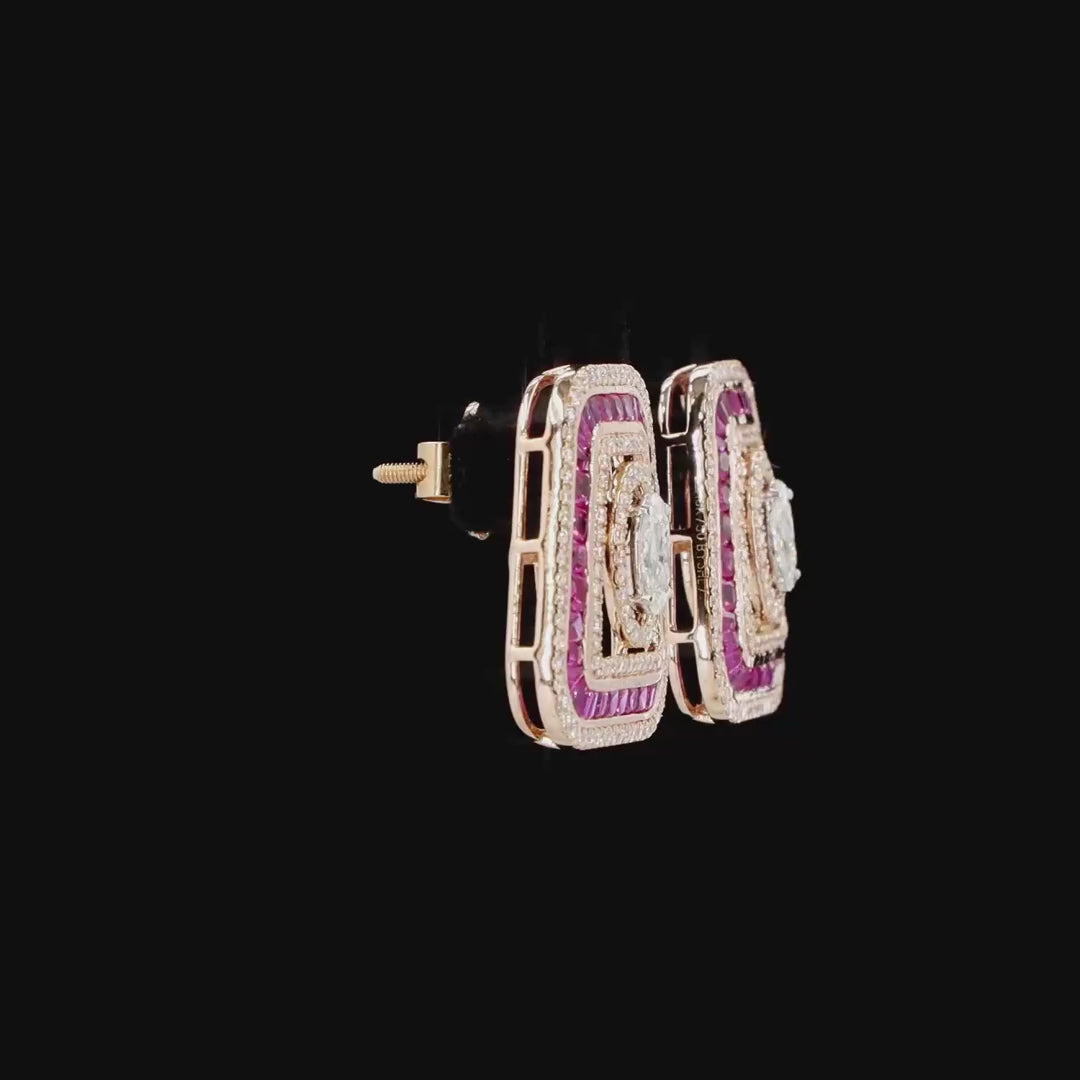 Natural Diamond & Ruby Trapezoid Stud Earrings in Gold | Marquise, Princess Cut & Round Diamond Earrings
