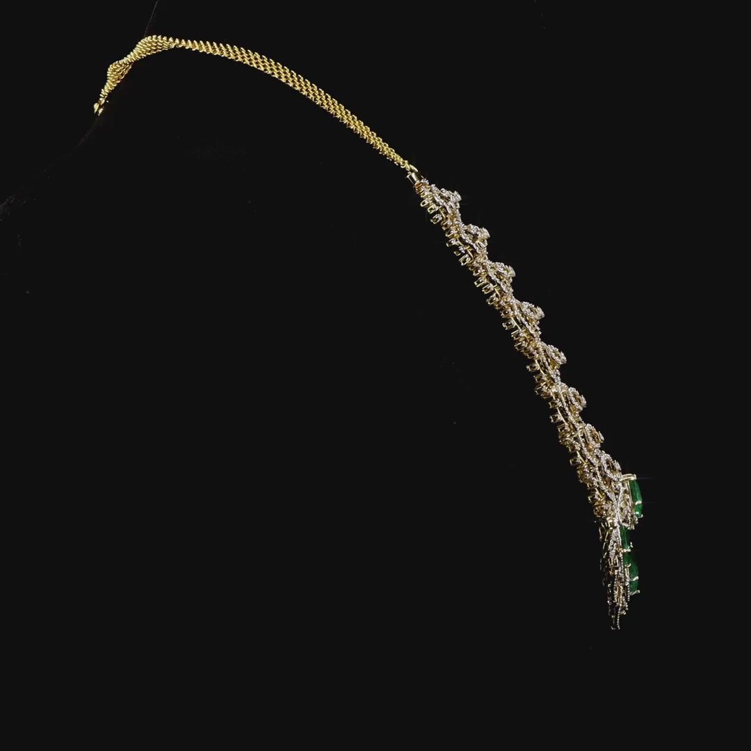 Natural Diamond Emerald Necklace in 18K Gold | Peacock Motif Wedding Necklace