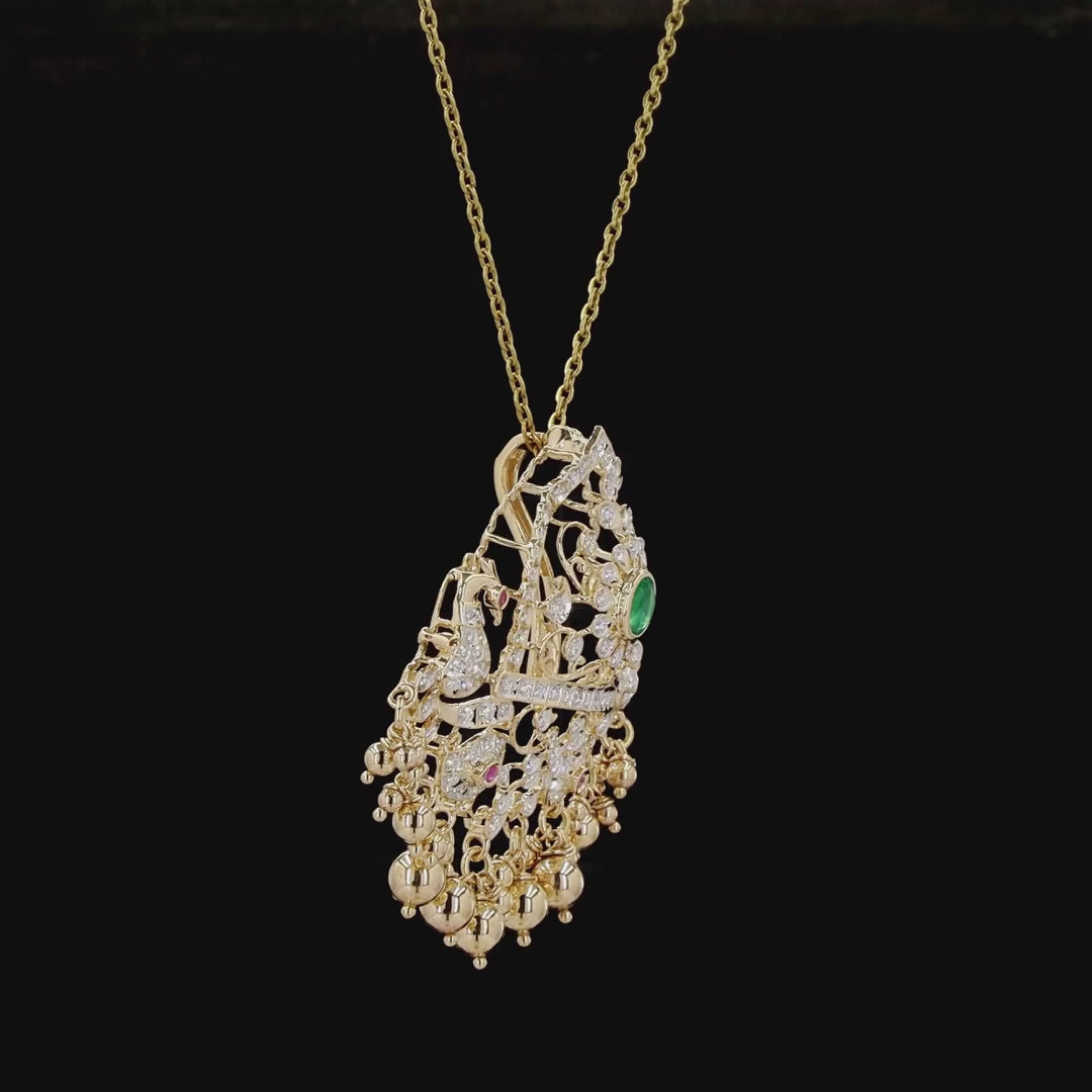 Temple-Style Peacock Pendant in Gold with Natural Diamonds, Emerald & Ruby