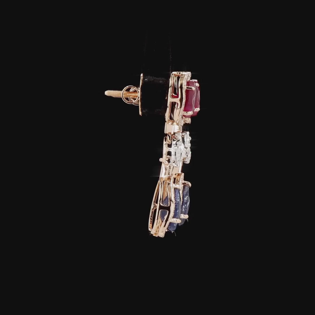Gold Drop Earrings with Natural Round Diamonds, Ruby & Blue Sapphire