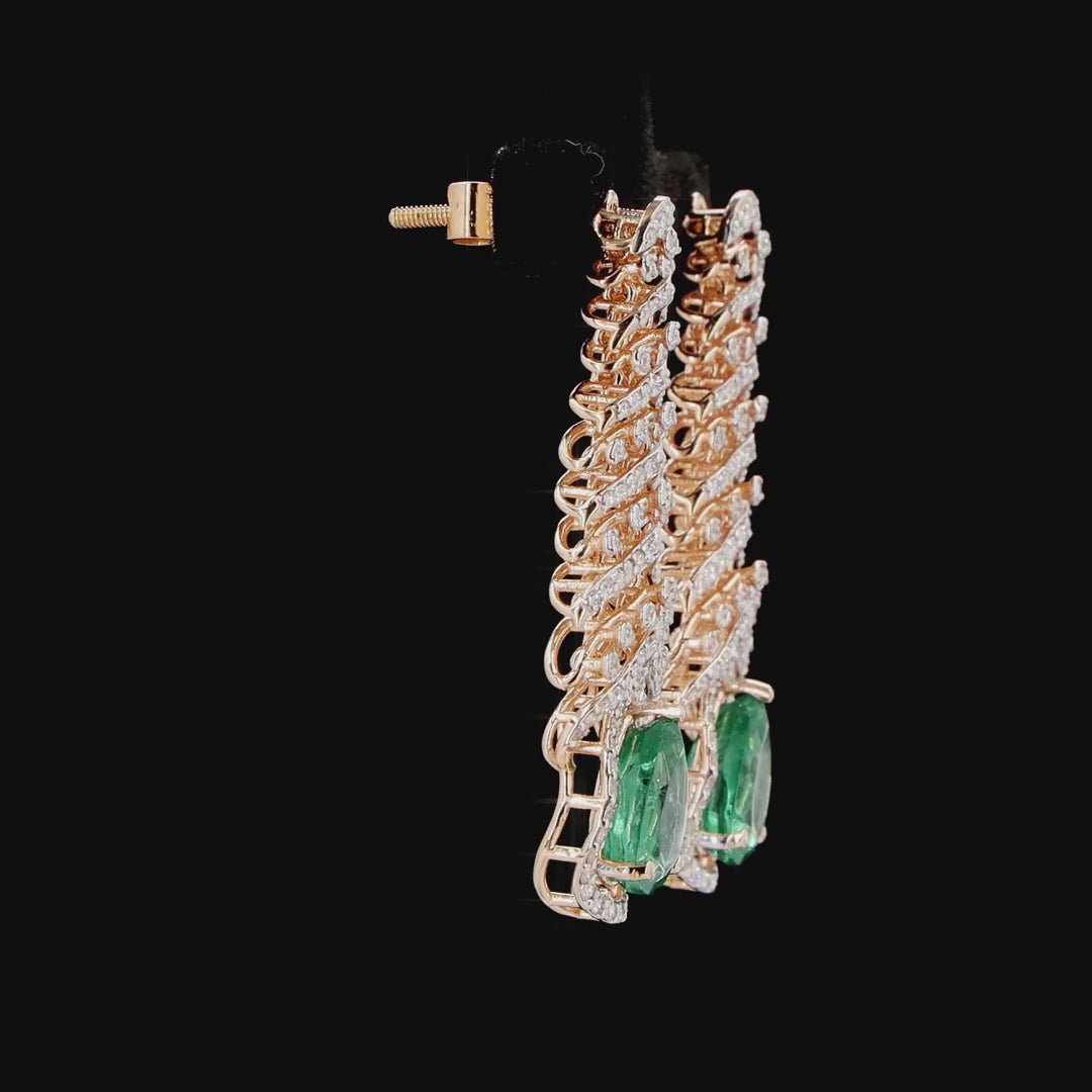 Peacock Feather Natural Diamond & Green Emerald Drop Earrings in Rose Gold – Necklace Set Earring