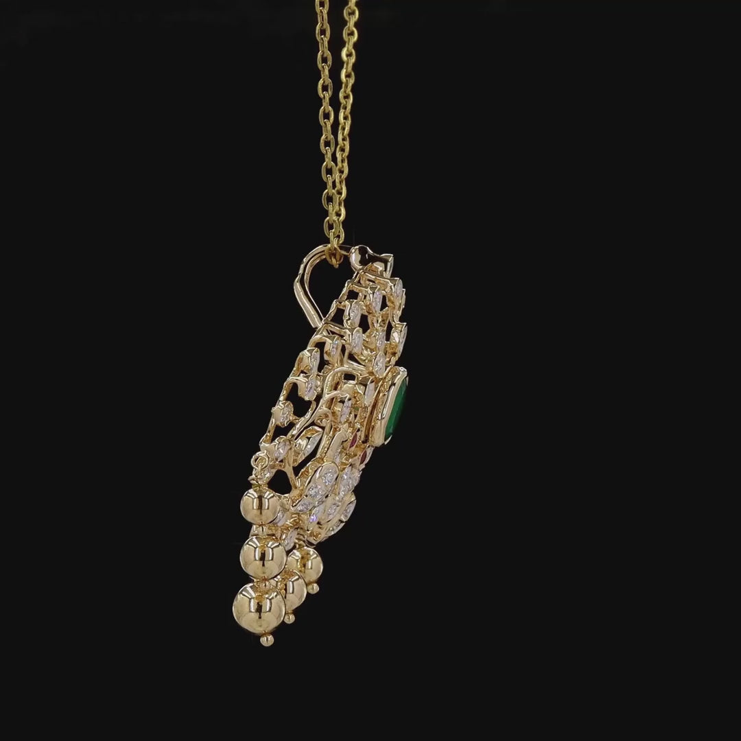 Twin Peacock Gold Pendant with Natural Emerald, Diamonds & Ruby Accents