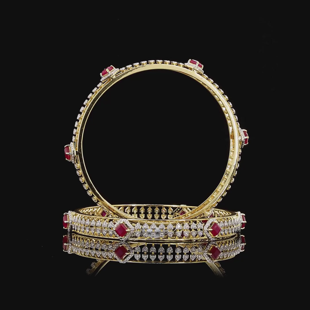 Gold Natural Round Diamond & Ruby Bangle Pair – Bridal Kada Set