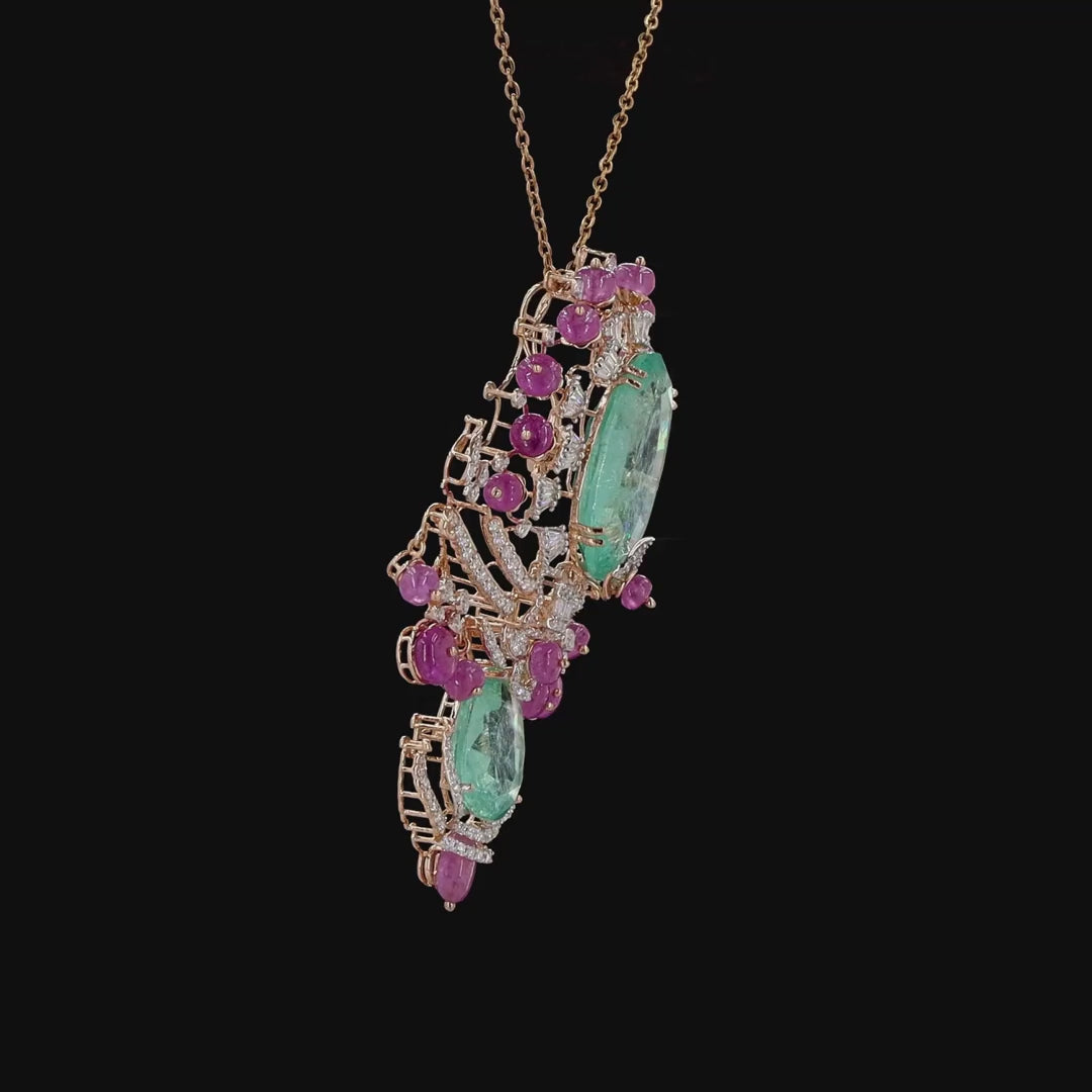 Natural Diamond & Light Emerald Rose Gold Pendant with Pink Gemstone Beads