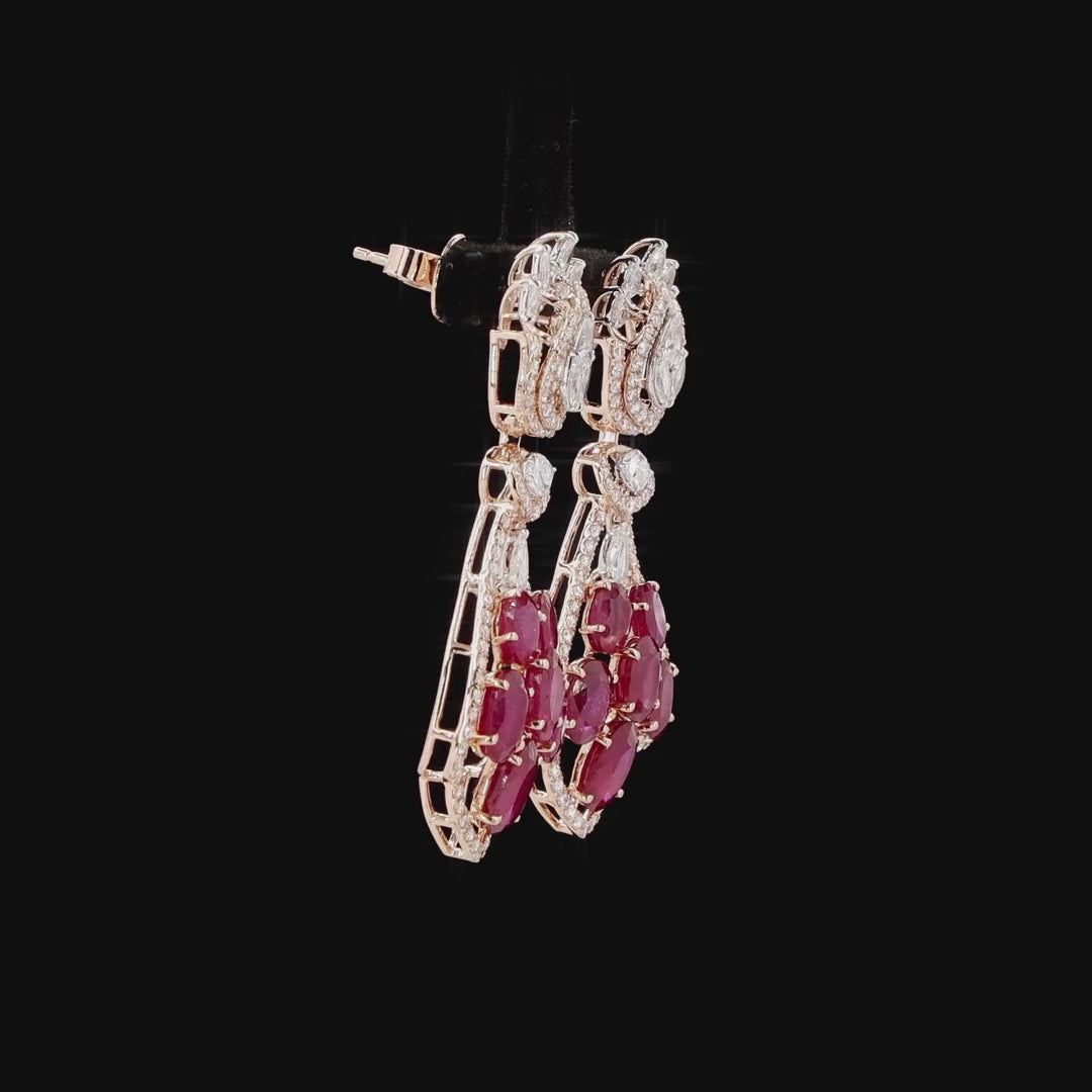 Ruby Diamond Drop Earrings in Rose Gold | Natural Round Diamond Lotus Necklace Set Earrings